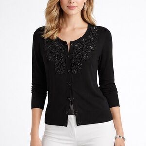 White House Black Market Black Embellished Cardigan Beaded Rosette 3/4 Sleeve